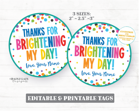 Thank You for Brightening My Day Tag Sun Classroom Friend Teacher Gift, Employee Appreciation Staff Company PTO School Favor Fundraiser