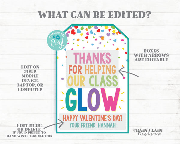 Glow Valentine, Thanks for Helping Our Class Glow Tag, Glow Stick, Lite bracelet, Preschool, Non-Candy, Classroom, Printable, Editable