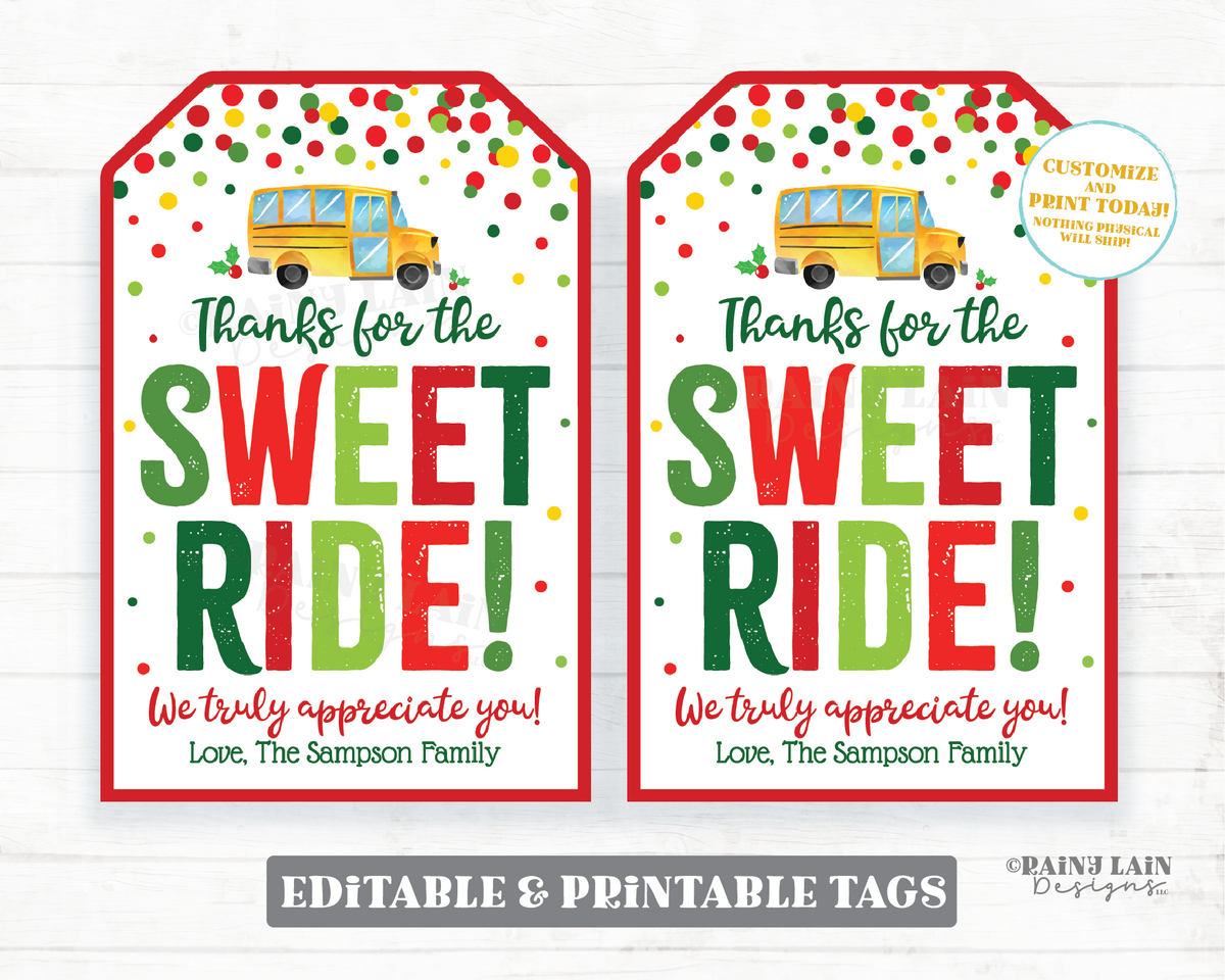 Bus Driver Gift Tag Holiday Thanks for the Sweet Ride Christmas Wheeli ...