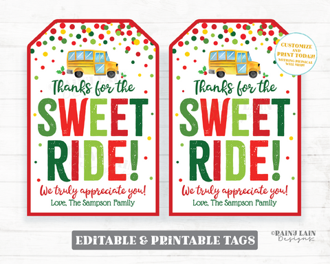 Bus Driver Gift Tag Holiday Thanks for the Sweet Ride Christmas Wheelie Appreciate Transportation Appreciation Thank you PTO