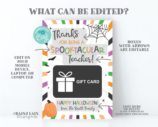 Editable Halloween Printable Gift Card Holder for Teacher, Thank you Spooktacular Teacher, Easy Halloween Teacher Gift Instant Download