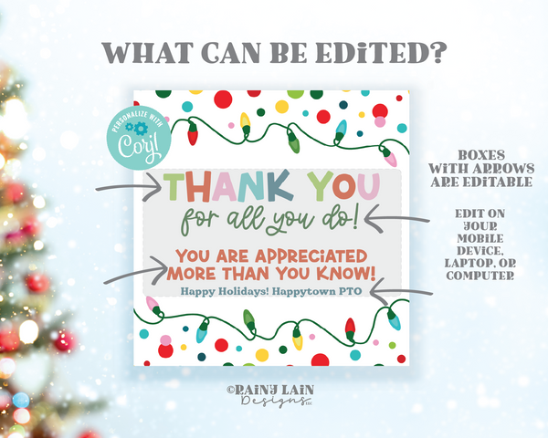 Editable Thank you for all you do Christmas Tag Template, Holiday Appreciation Gift Appreciate Treat Teacher Nurse Staff Employee School PTO