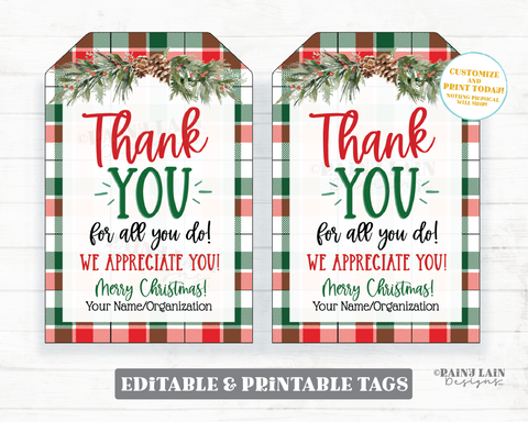 Thank you for all you do plaid Christmas tag Appreciate Holiday Gift Tags Teacher Appreciation Tags Staff Employee School PTO