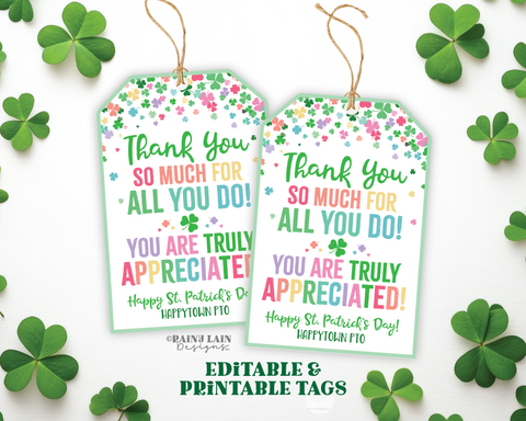 St Patrick's Day Gift Tag Thank You for all you do Staff Appreciation Friend Co-Worker Company Frontline Worker Employee Teacher Principal