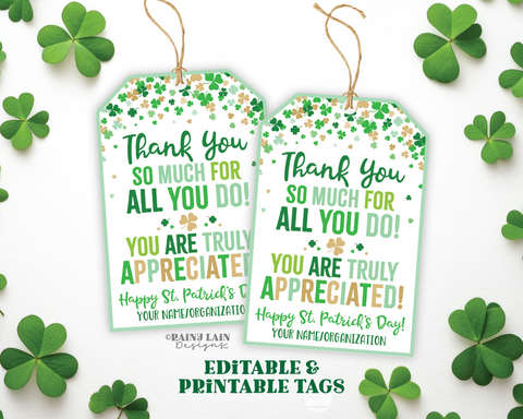 Thank You for all you do St Patrick's Day Gift Tag Shamrocks Staff Appreciation Friend Co-Worker Frontline Worker Employee Teacher Principal