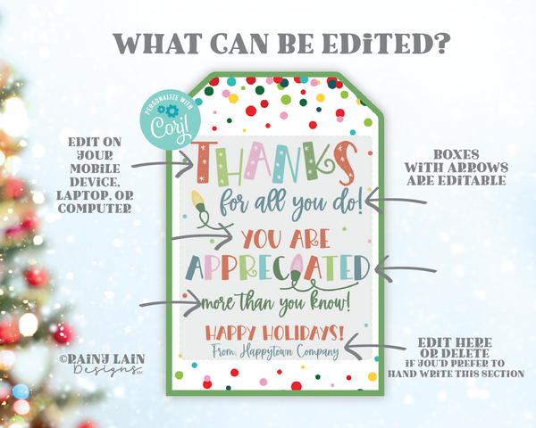 Editable Christmas Gift Tag Template, Thank you for all you do, you are appreciated, Holiday appreciation, staff, employee, teacher, pto