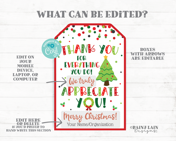 Thank you for all you do Christmas tag Appreciate Holiday Gift Tags Christmas Appreciation Favor Tags Teacher Staff Employee School