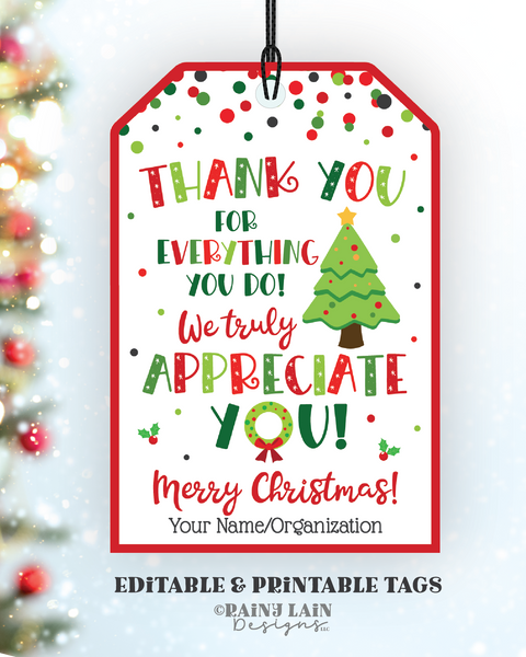 Thank you for all you do Christmas tag Appreciate Holiday Gift Tags Christmas Appreciation Favor Tags Teacher Staff Employee School