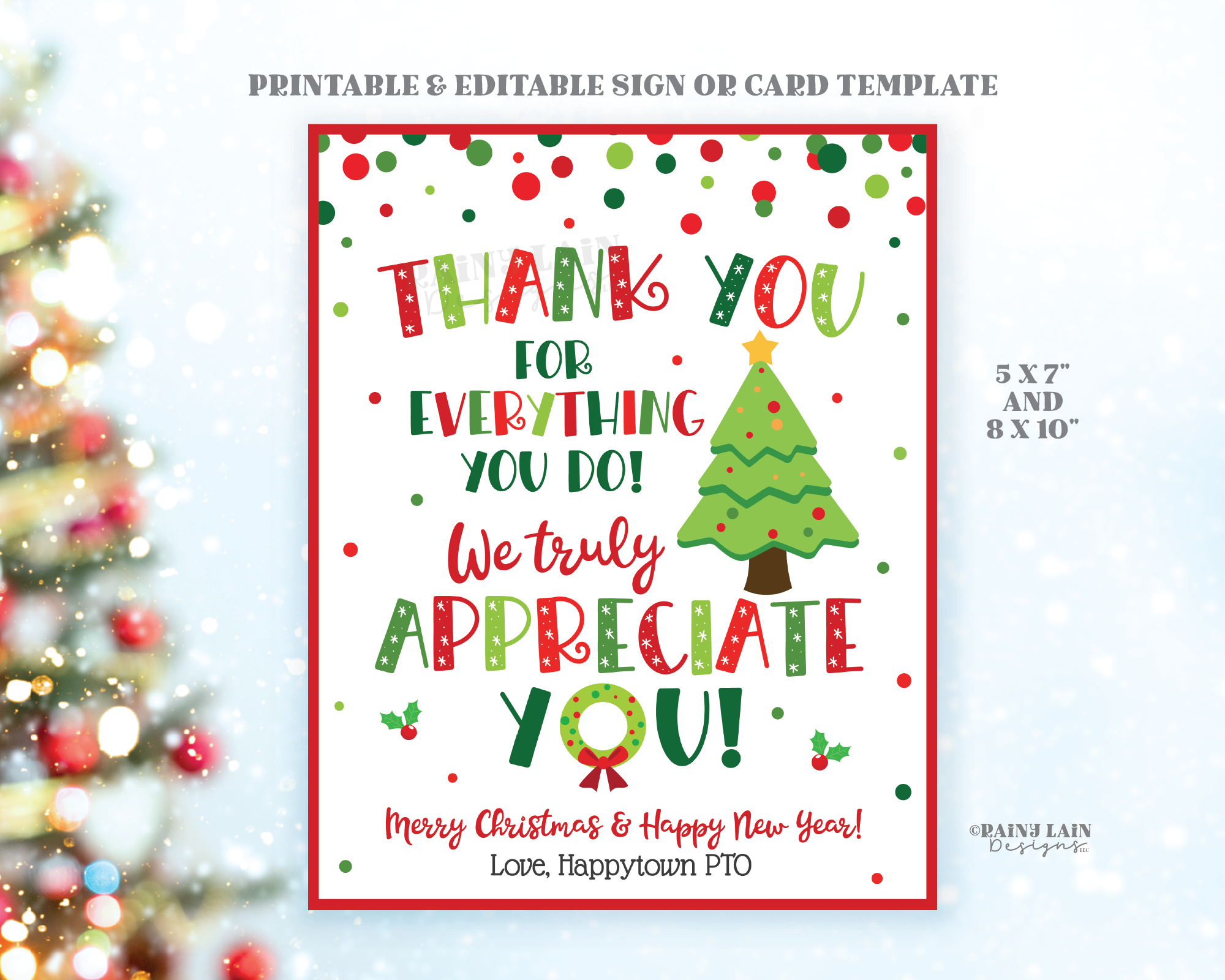 Christmas Appreciation Sign Printable Holiday Thank You Card, School P – Rainy Lain Designs LLC for Free Printable Thank You Cards For Teachers