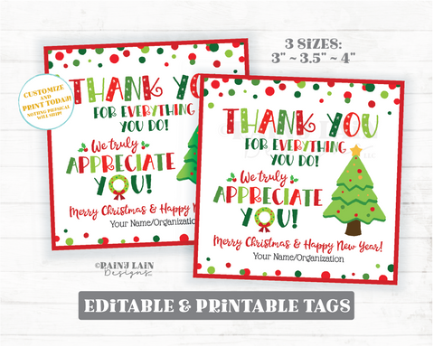 Thank you for all you do Christmas tag Appreciate Holiday Gift Tags Appreciation Favor Tags Teacher Staff Employee Company School Square
