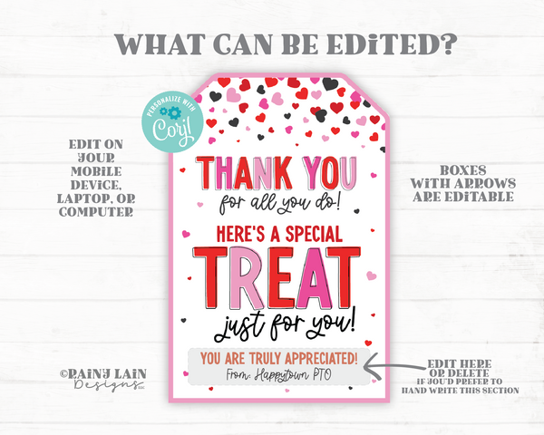 Valentine's Day Thank You Tag, Teacher Appreciation Valentine, Treat, Client, Customer, Work, RN, Hospital, Employee, Staff, PTO PTA, Team