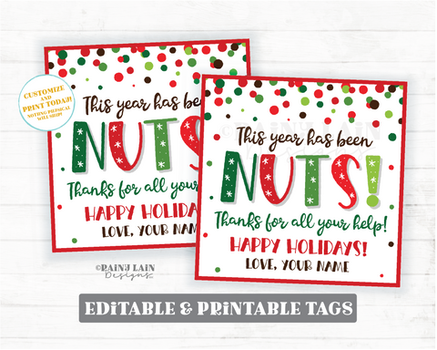 Nuts Gift Tag This Year Has Been Nuts Thanks for your Help Christmas Holiday Appreciation Favor Employee Company Teacher Staff Square