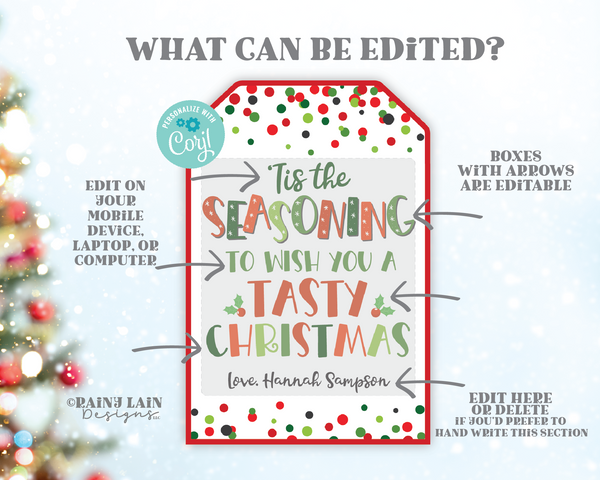 Tis The Seasoning Christmas Gift Tags, Printable, Editable, Homemade Spice Mix, Holiday Cooking, Herbs, White Elephant, Secret Exchange