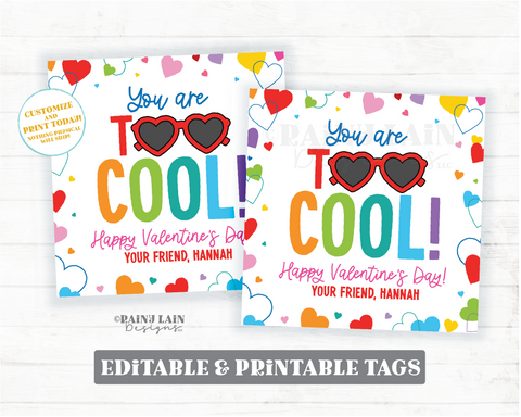 You're Too Cool Valentine, Sunglasses Tag, Editable Square, Sun, Non-Candy Gift Preschool Classroom Printable Digital Download