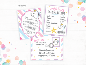 Tooth Fairy Letter Kit, MINI Editable Tooth Fairy Kit Printable, Receipt, Envelope, Template, Pink, Purple, Lost Tooth Note from Tooth Fairy