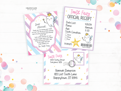 Tooth Fairy Letter Kit, MINI Editable Tooth Fairy Kit Printable, Receipt, Envelope, Template, Pink, Purple, Lost Tooth Note from Tooth Fairy