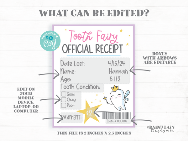 Tooth Fairy Letter Kit, MINI Editable Tooth Fairy Kit Printable, Receipt, Envelope, Template, Pink, Purple, Lost Tooth Note from Tooth Fairy