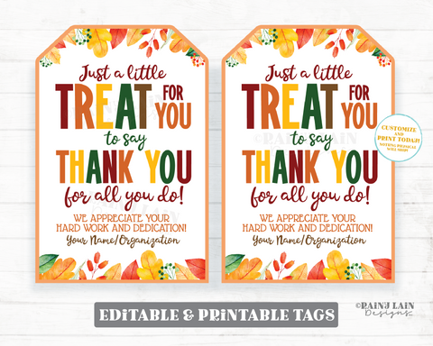 Treat For You to Say Thank you For All you Do Tag Fall Leaves Appreciation Gift Autumn Thanksgiving Favor Employee Company Staff Teacher