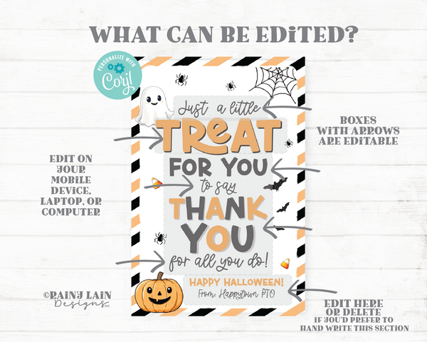 Editable Halloween Treat Tag, Treat for you to say Thank you for all you do, Appreciation Gift, Favor, Teacher, Staff Employee, School, PTO