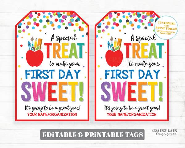 Treat to make your first day sweet Tag Welcome Back to School Gift Employee Teacher Appreciation Staff Student PTO Red Apple Confetti Pencil