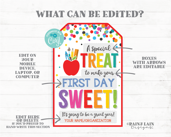 Treat to make your first day sweet Tag Welcome Back to School Gift Employee Teacher Appreciation Staff Student PTO Red Apple Confetti Pencil