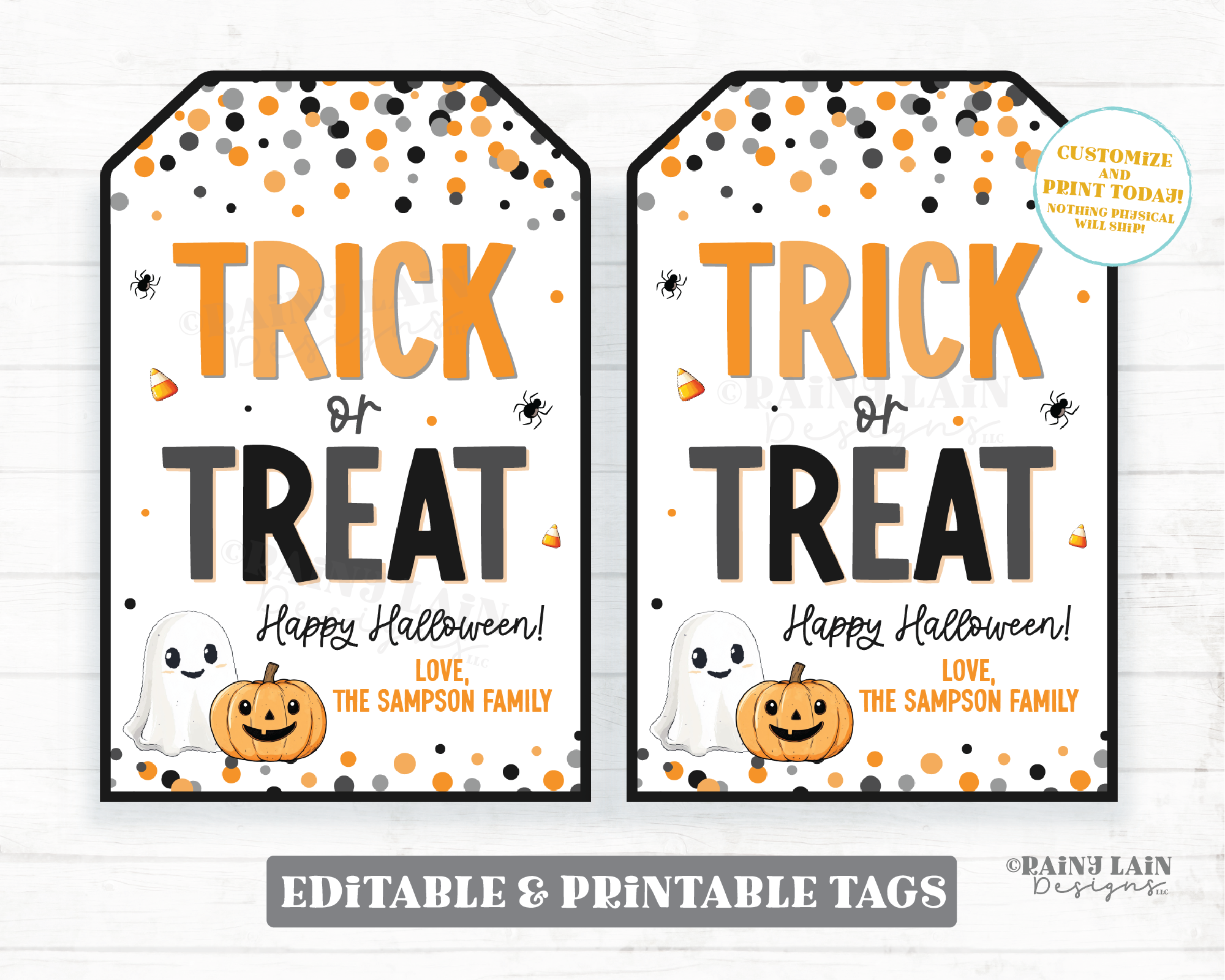 Trick or Treat Halloween Tag, Editable Corjl Template, Printable Happy Halloween Gift, Party Favor, Teacher, Costume, Kids, Download