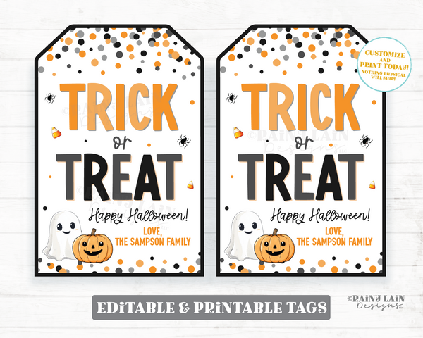 Trick or Treat Halloween Tag, Editable Corjl Template, Printable Happy Halloween Gift, Party Favor, Teacher, Costume, Kids, Download