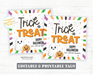 Trick or Treat Halloween Tag Template, Editable Happy Halloween Gift, Staff, Kids Party Favor, Costume, Teacher, Printable Download, Corjl