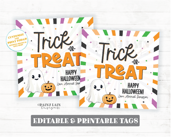Trick or Treat Halloween Tag Template, Editable Happy Halloween Gift, Staff, Kids Party Favor, Costume, Teacher, Printable Download, Corjl