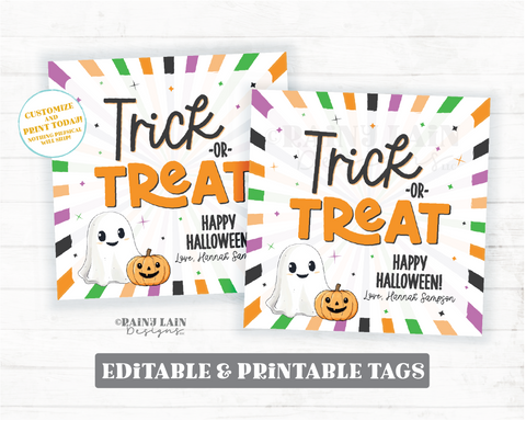 Trick or Treat Halloween Tag Template, Editable Happy Halloween Gift, Staff, Kids Party Favor, Costume, Teacher, Printable Download, Corjl