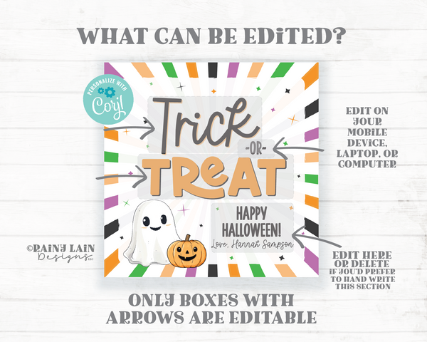 Trick or Treat Halloween Tag Template, Editable Happy Halloween Gift, Staff, Kids Party Favor, Costume, Teacher, Printable Download, Corjl