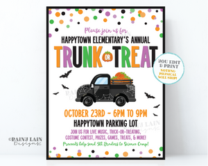 Editable Halloween Trunk or Treat Flyer Printable Flier Bats Invitation Truck Invite Confetti Neighborhood HOA Church School Community