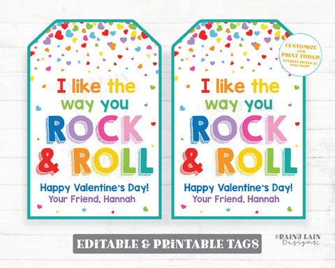Rock and Roll Valentine, Valentine's Day Gift Tag, Preschool, Classroom, Kids, Non-Candy, Printable, Editable Digital Download