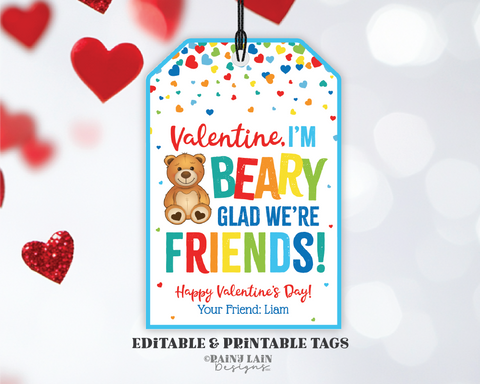Beary Glad We're Friends Valentine, Bear Valentine, Gummy Bears Valentine Tags, Preschool Classroom Printable Kids Non-Candy Valentine Tag
