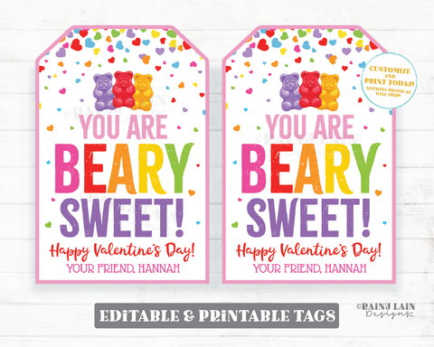 You are Beary Sweet Valentine, Gummy Bears Valentine Tags, Bear Valentine, Preschool Classroom Printable Kids Non-Candy Valentine Tag
