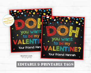 DOH you want to be my Valentine Tag Boy Preschool Classroom Printable Faux Chalkboard Playdough Student Kids Non-Candy Square Valentine Tags