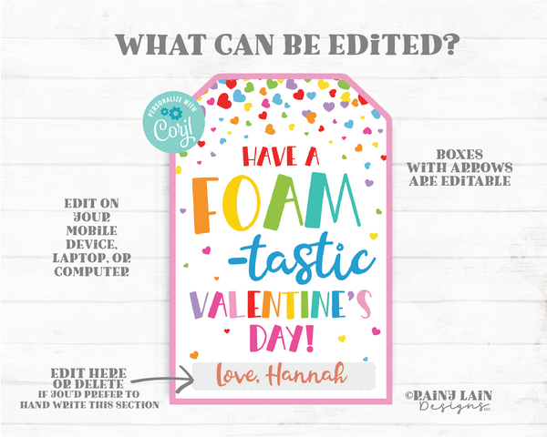 Foam-tastic Valentine's Day, Foam Valentine, Foam Editable Gift Tag, Putty Classroom, Kids Printable, Non-Candy, Digital Download