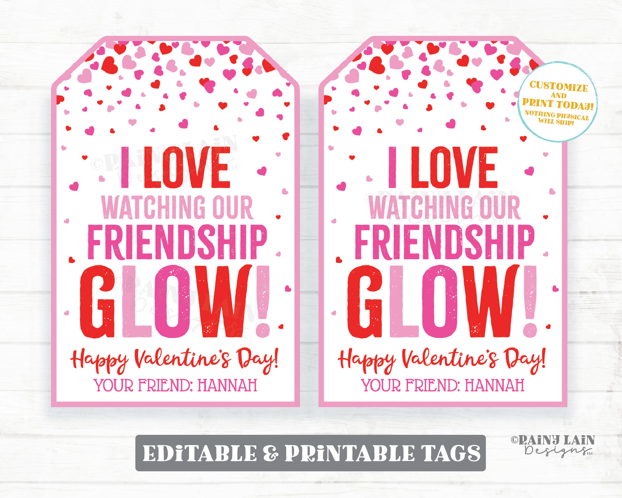 I love Watching Our Friendship Glow Valentine Tag, Glow Stick, Bracelet, Lite, Finger Lights, Preschool Classroom Kids Printable Non-Candy
