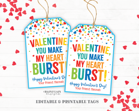 Heart Burst Valentine Gift Tag, Easy Class Valentine, Candy, Preschool, Classroom, Printable Kids Valentine Exchange, Downloadable, Editable