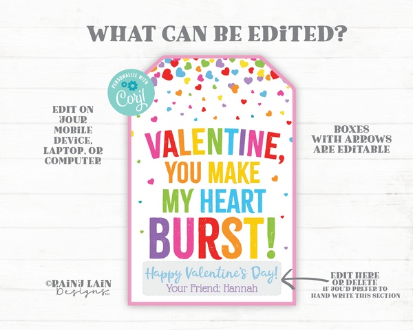 Valentine You Make My Heart Burst, Candy Burst Valentine Tags Preschool Valentines Classroom Printable Kids Candy Valentine Tag, Star Ideas
