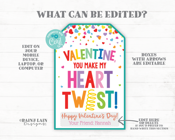 You Make my Heart Twist Valentine Tag, Coil Toy Fidget, Valentine's Day Friend Gift, Preschool, Classroom, Classmate, Printable, Non-Candy