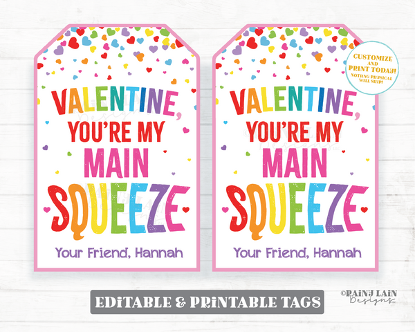 You're My Main Squeeze Valentine, Squishies Valentine, Squishy Toy, Applesauce, Preschool Classroom Printable Kids Non-Candy Valentine Tag