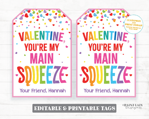 You're My Main Squeeze Valentine, Squishies Valentine, Squishy Toy, Applesauce, Preschool Classroom Printable Kids Non-Candy Valentine Tag