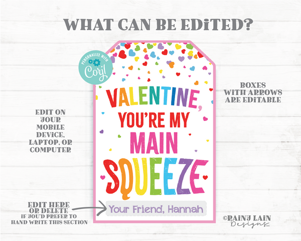 You're My Main Squeeze Valentine, Squishies Valentine, Squishy Toy, Applesauce, Preschool Classroom Printable Kids Non-Candy Valentine Tag