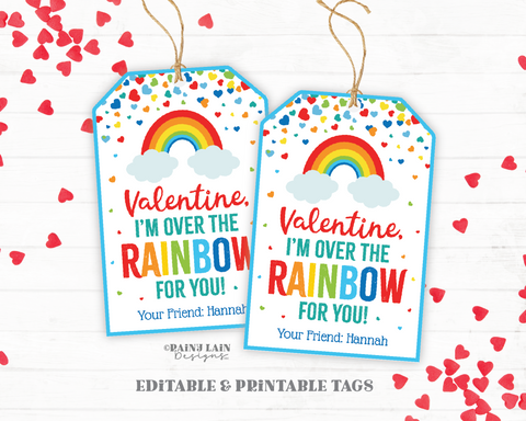 Rainbow Coloring Valentine Tag, Over the Rainbow for you, Crayons, Candy Preschool Classroom Printable Non-Candy Rainbow Friends valentines