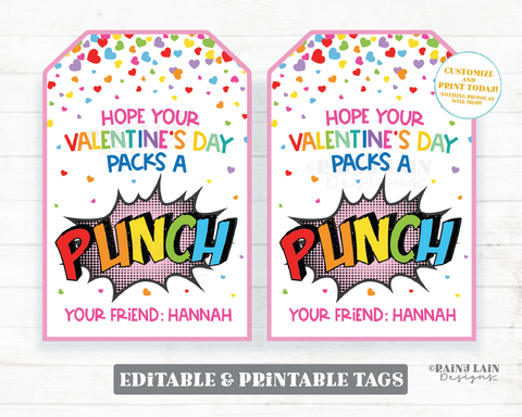 Packs a Punch Valentine, Juice, Fruit Punch, Punch Balloon, Gift Tag, Comic Superhero Preschool Classroom Printable Kids Easy Non-Candy