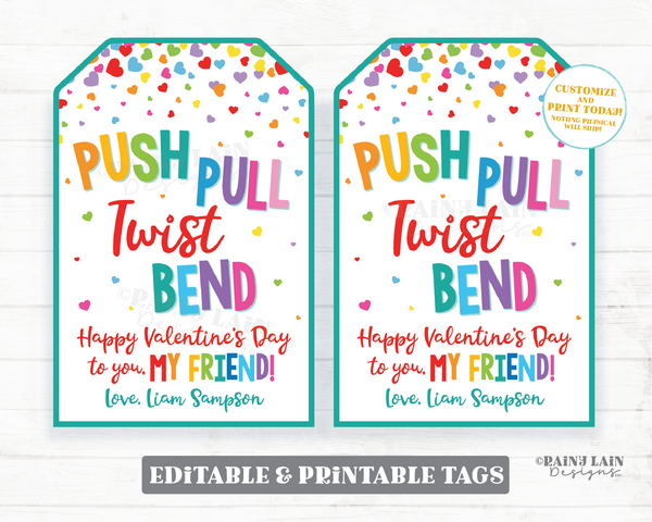 Fidget Valentine, Push Pull Twist Bend Happy Valentine's Day Friend Gift Tag, Toy, Preschool, Classroom, Printable Kid Editable Non-Candy