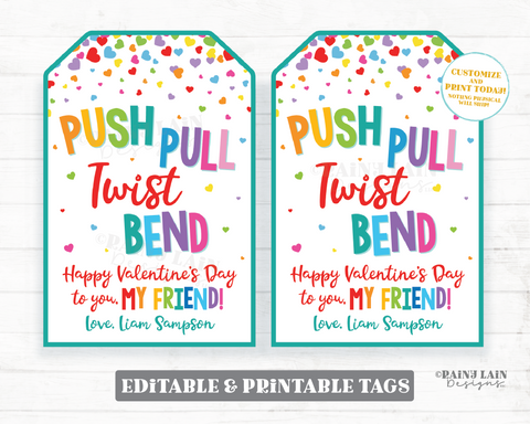 Fidget Valentine, Push Pull Twist Bend Happy Valentine's Day Friend Gift Tag, Toy, Preschool, Classroom, Printable Kid Editable Non-Candy