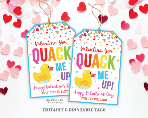 Rubber Duck Valentine Printable, You Quack Me Up Valentine's Day Gift Tag, Ducky, Duckie, Preschool Classroom Kids Non-Candy Editable, Easy