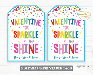 Sparkle and Shine Valentine, Valentine's Day Tag, Preschool Classroom Exchange Shiny Printable Non-Candy Digital Download